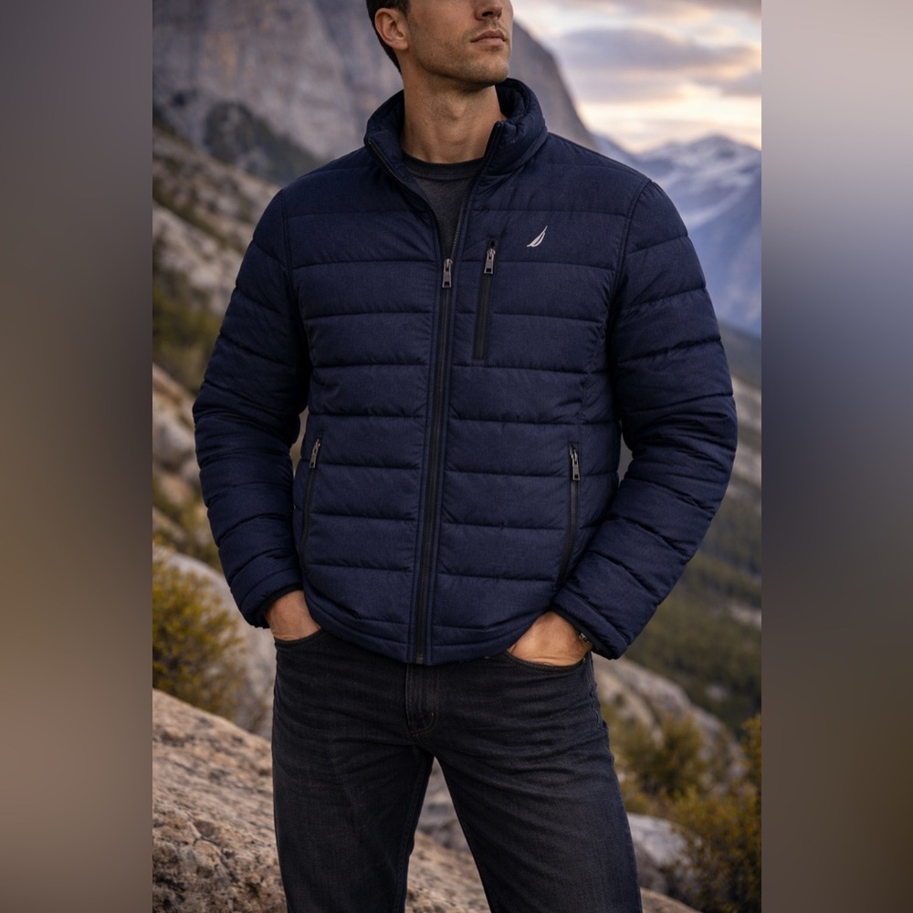 Nautica Quilted Puffer Jacket Navy Water Resistant Wind Resistant Mens L